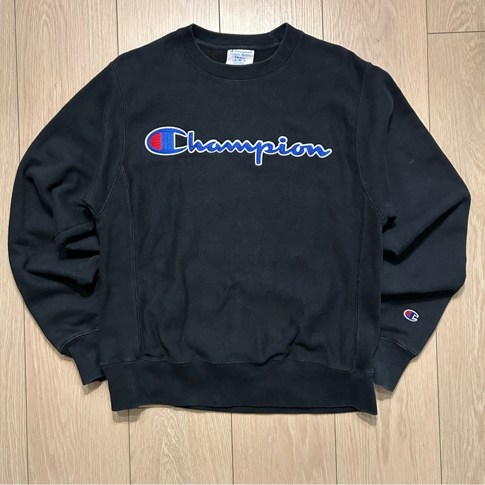 Champion Reverse Weave Crewneck Sweatshirt Black Blue Script Logo Size Small